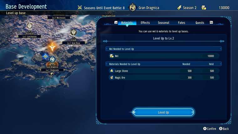 Base Development screen listing materials needed to raise a stronghold level
