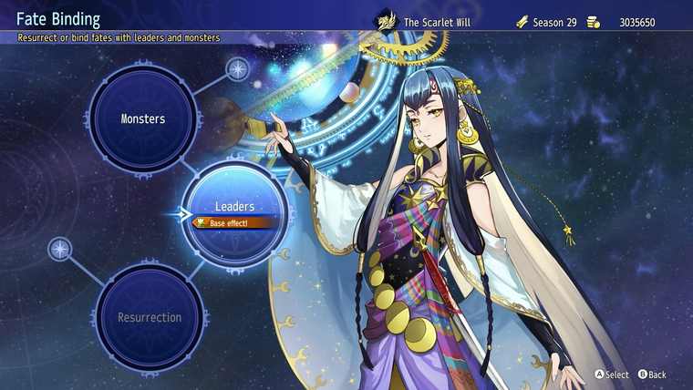 Fate Binding menu with nodes for monsters, leaders and resurrection