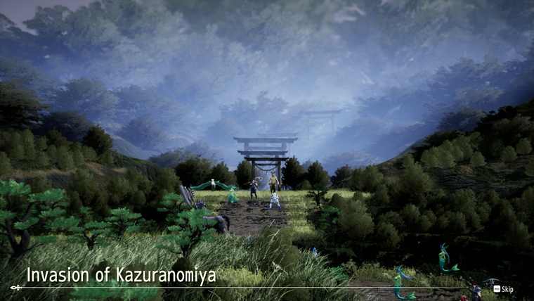 Story cutscene of an army advancing through a forest shrine gate